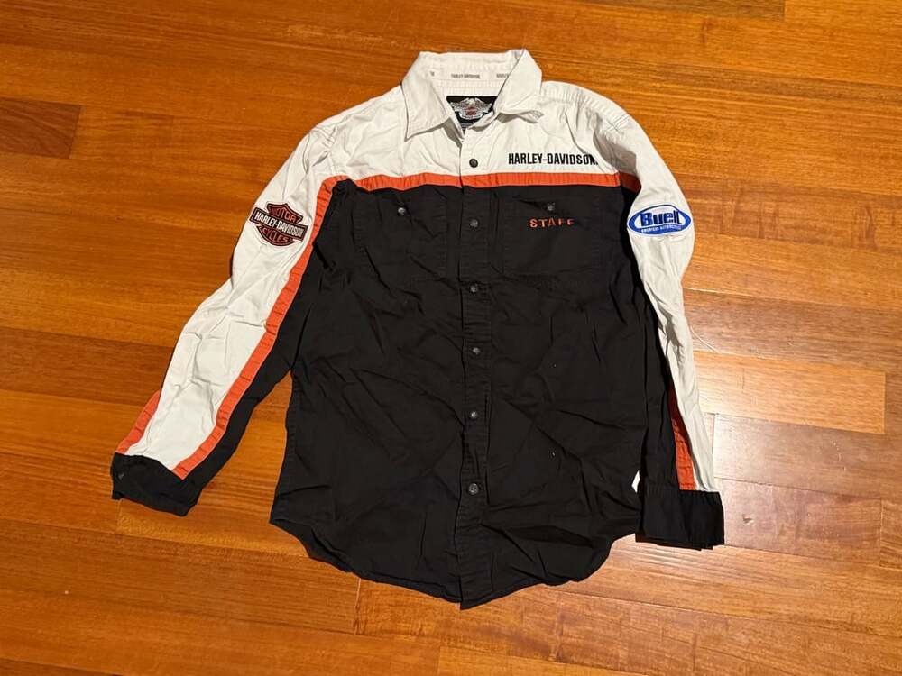 Harley Davidson Buell Staff Pit Crew Shirt Y2K Motorcycle Button Up Mens S
